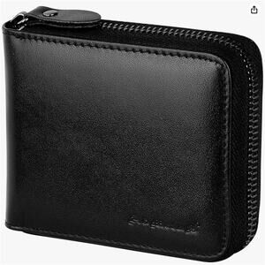 Admetus Men's Genuine Leather Short Zip-around Bifold Wallet- Black